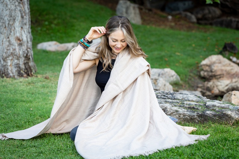 Meditation Shawl or Meditation Blanket, Wool Shawl/Wrap, Oversize Scarf/Stole, Ethically Sourced, Fair Trade. Unisex Simplicity Beige image 6