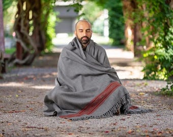 Vegan Wool Meditation Shawl: Oversized Dark Grey Scarf, Ethically Sourced