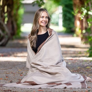 Meditation Shawl Blanket, Wool Shawl/Wrap, Oversize Scarf/Stole, Ethically Sourced, Fair Trade. Unisex/Light Weight (Gratitude) Light Brown