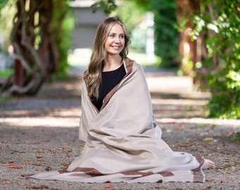 Meditation Shawl Blanket, Wool Shawl/Wrap, Oversize Scarf/Stole, Ethically Sourced, Fair Trade. Unisex/Light Weight (Gratitude) Light Brown