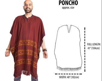 Poncho with Fringes, Vegan Wool Wrap, Handmade in India. Ethically Sourced, Fair Trade. Unisex. Red