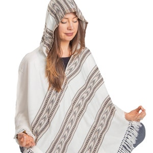 Hooded V-Shape Poncho with Fringes, Vegan Wool Wrap, Handmade in India. Ethically Sourced, Fair Trade. Unisex. White image 8