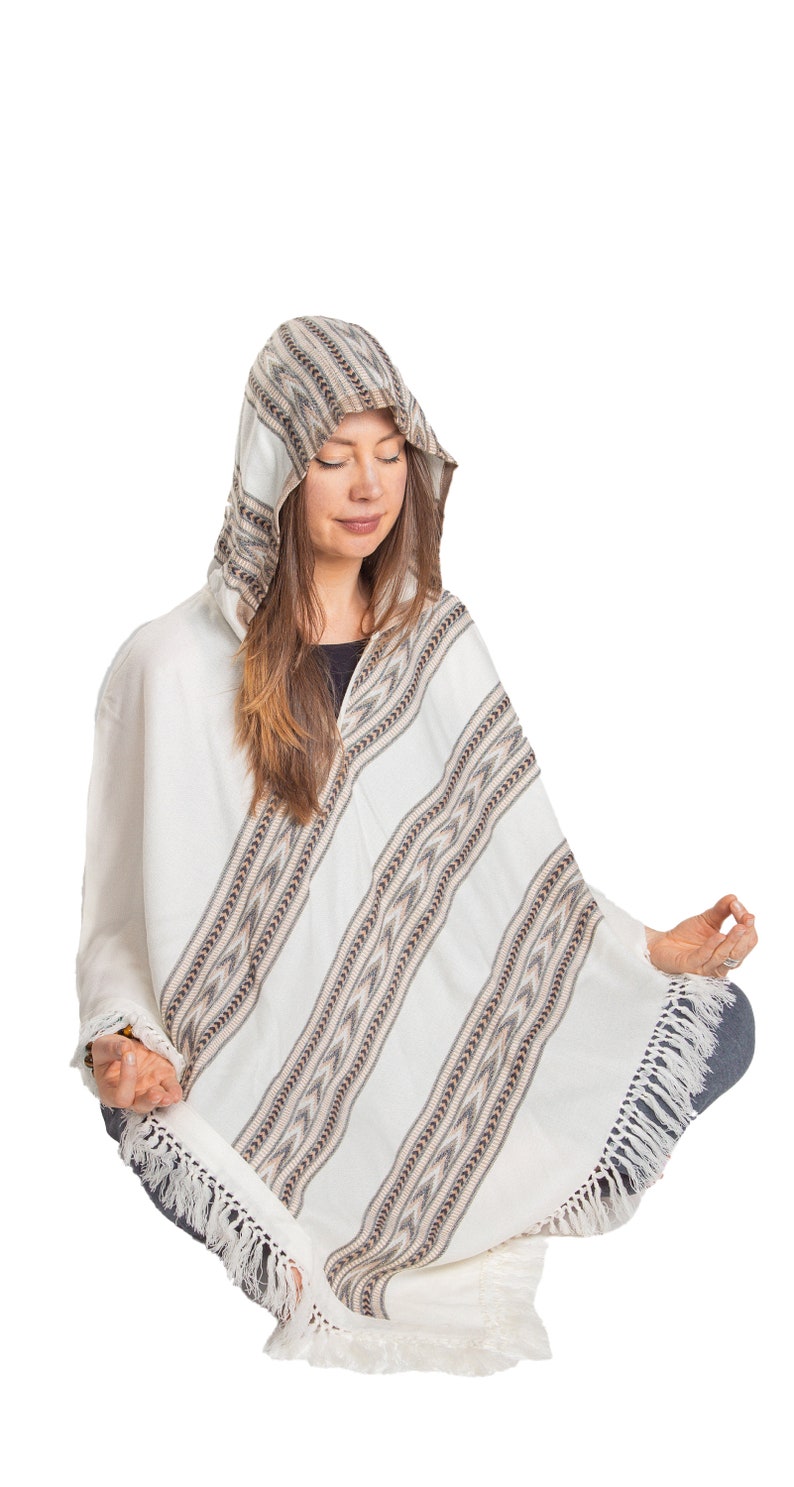 Hooded V-Shape Poncho with Fringes, Vegan Wool Wrap, Handmade in India. Ethically Sourced, Fair Trade. Unisex. White image 8