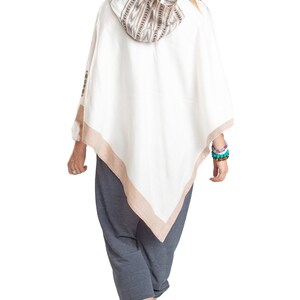Hooded V-Shape Poncho with Fringes, Vegan Wool Wrap, Handmade in India. Ethically Sourced, Fair Trade. Unisex. White image 10