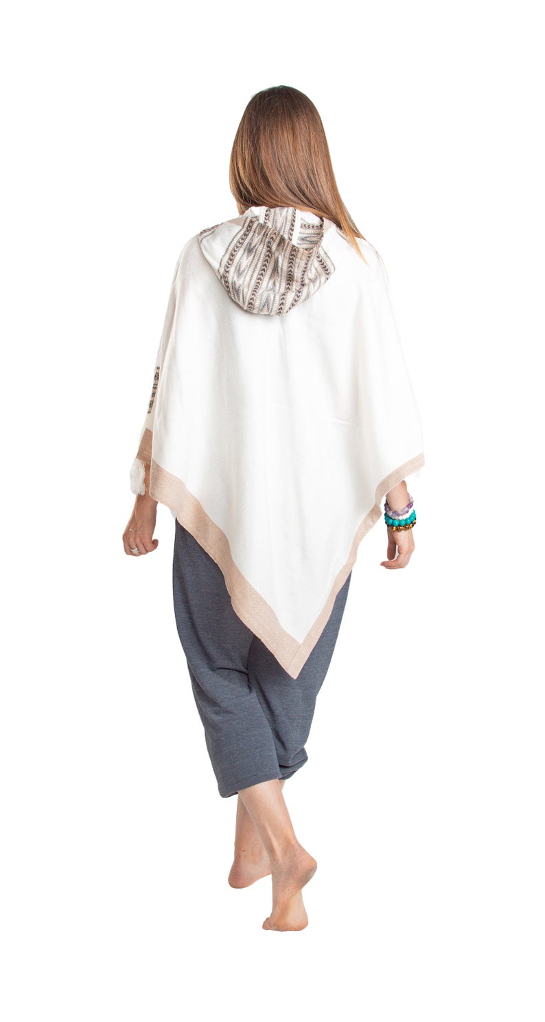 Hooded V-Shape Poncho with Fringes, Vegan Wool Wrap, Handmade in India. Ethically Sourced, Fair Trade. Unisex. White image 10