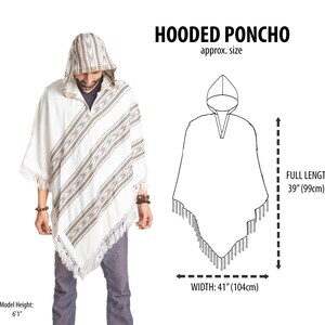 Hooded V-Shape Poncho with Fringes, Vegan Wool Wrap, Handmade in India. Ethically Sourced, Fair Trade. Unisex. White image 5