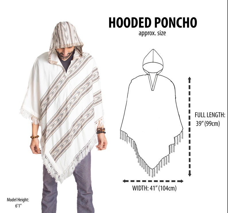 Hooded V-Shape Poncho with Fringes, Vegan Wool Wrap, Handmade in India. Ethically Sourced, Fair Trade. Unisex. White image 5