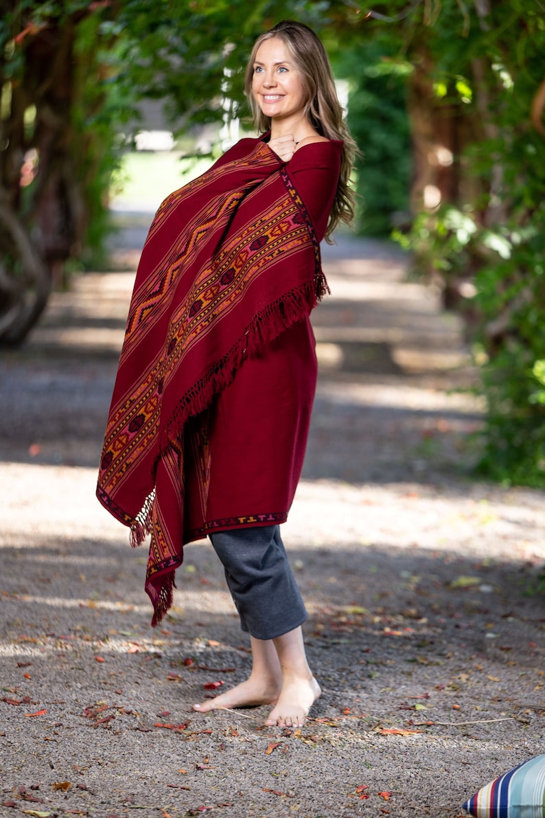 Meditation Shawl, Meditation Blanket, Prayer Shawl for Men Women, Oversize Scarf Stole, Unisex, Energize Maroon image 2