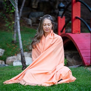 Meditation Shawl or Meditation Blanket, Wool Shawl/Wrap, Oversize Scarf/Stole, Ethically Sourced, Fair Trade. Unisex Simplicity Salmon image 5