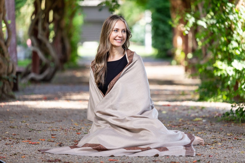 Meditation Shawl or Meditation Blanket, Wool Shawl/Wrap, Oversize Scarf/Stole, Ethically Sourced, Fair Trade. Unisex/Light WeightGratitude Light Brown