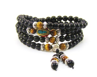 Mala Beads Stretch Bracelet Black Obsidian YellowTiger Eye, Buddhist Prayer Beads, Yoga Bracelets, Daily Meditation 6mm Beads , Unisex