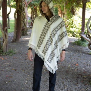 Hooded V-Shape Poncho with Fringes, Vegan Wool Wrap, Handmade in India. Ethically Sourced, Fair Trade. Unisex. White image 4