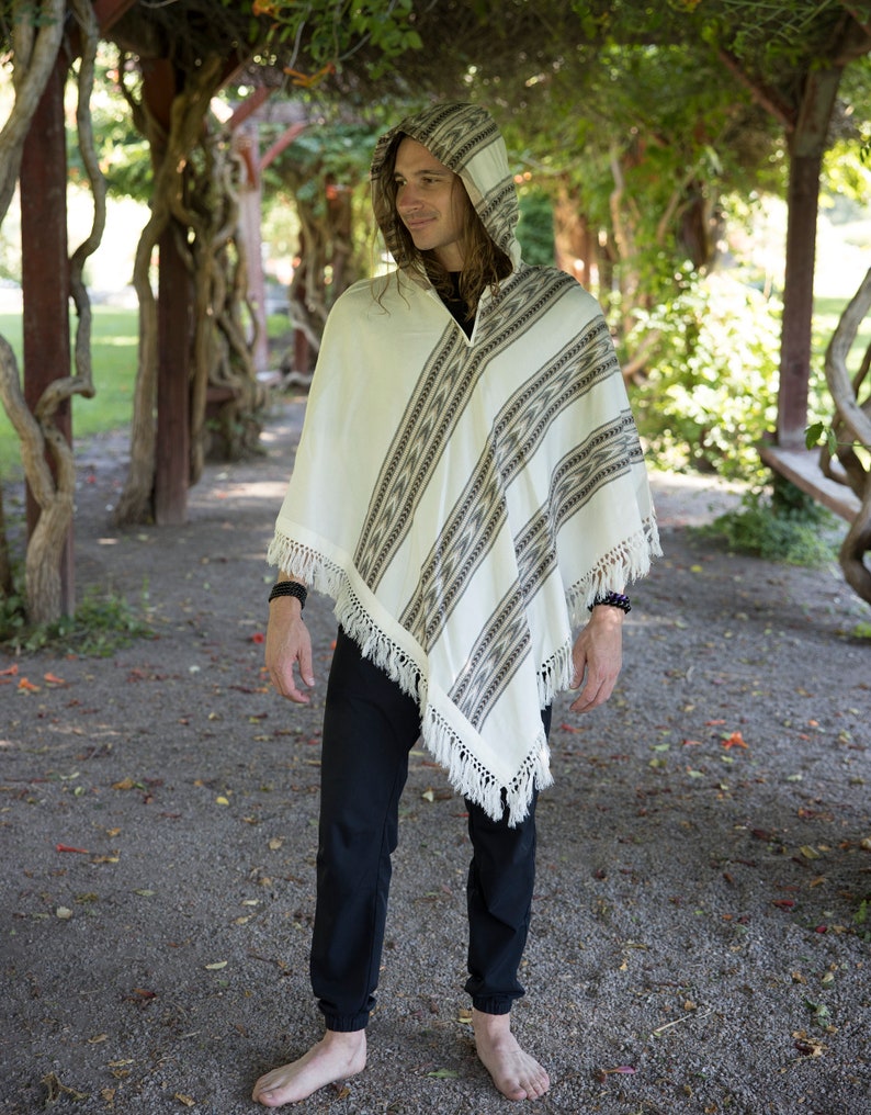 Hooded V-Shape Poncho with Fringes, Vegan Wool Wrap, Handmade in India. Ethically Sourced, Fair Trade. Unisex. White image 4