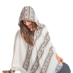 Hooded V-Shape Poncho with Fringes, Vegan Wool Wrap, Handmade in India. Ethically Sourced, Fair Trade. Unisex. White image 7