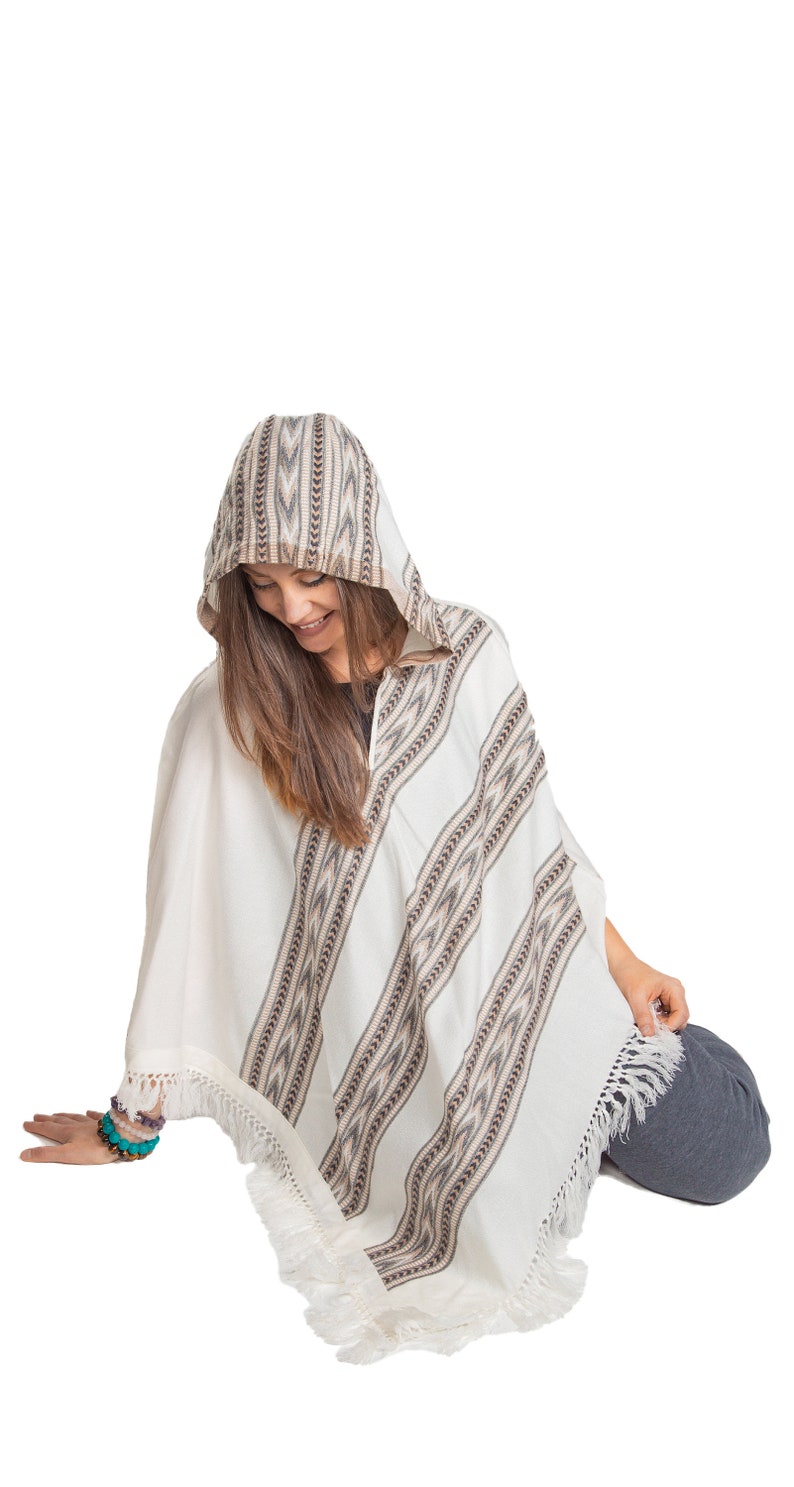 Hooded V-Shape Poncho with Fringes, Vegan Wool Wrap, Handmade in India. Ethically Sourced, Fair Trade. Unisex. White image 7