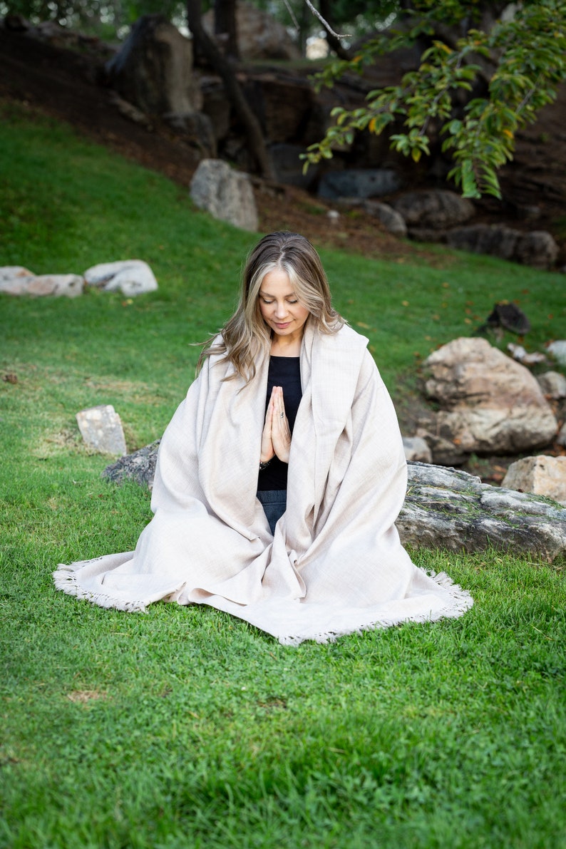 Meditation Shawl or Meditation Blanket, Wool Shawl/Wrap, Oversize Scarf/Stole, Ethically Sourced, Fair Trade. Unisex Simplicity Beige image 4