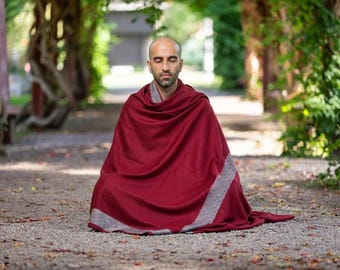 Meditation Shawl Blanket, Wool Shawl/Wrap, Oversize Scarf/Stole, Ethically Sourced, Fair Trade. Unisex/Light Weight (Gratitude) Maroon