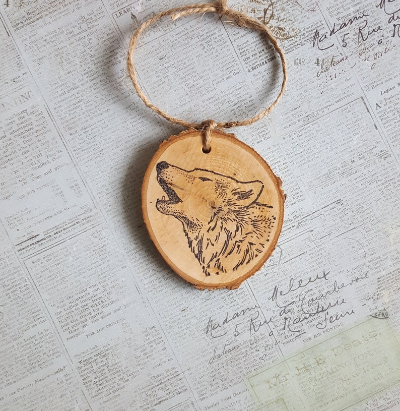 Wolf head wood slice ornament gift tag