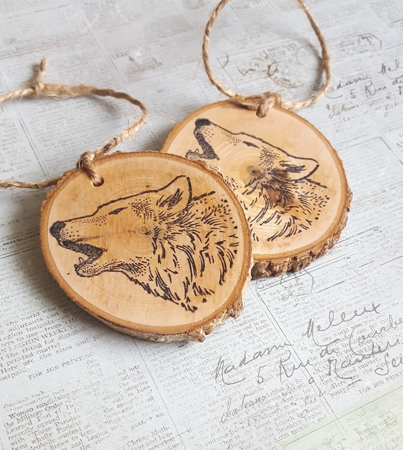 Wolf head wood slice ornament gift tag
