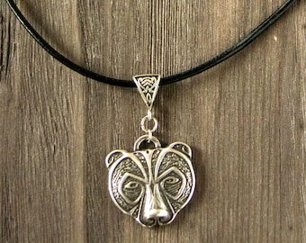 Bear head silver pendant, norse Celtic pagan necklace, wildlife animal jewelry, Ursus grizzly, protection amulet