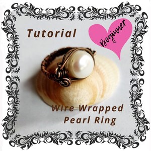 May include: A beginner's tutorial on how to make a wire wrapped pearl ring. The ring is made with copper wire and a white pearl. The ring is sitting on a seashell.