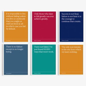 Peut inclure: Six cartes de citations imprimables avec des citations inspirantes de personnes célèbres. Les cartes sont disposées en grille avec un fond blanc et une bordure colorée. Les citations sont en texte noir. Les citations sont : "Il est impossible de vivre sans échouer à moins de vivre si prudemment que vous pourriez aussi bien ne pas avoir vécu du tout - auquel cas vous échouez par défaut." - JK. Rowling, "Seuls ceux qui osent échouer grandement peuvent vraiment réussir." - Robert F. Kennedy, "Le succès n'est pas définitif, l'échec n'est pas fatal : c'est le courage de continuer qui compte." - Winston Churchill, "Il n'y a pas d'échec sauf à ne plus essayer." - Chris Bradford, "Je n'ai pas échoué. J'ai juste trouvé 10 000 façons qui ne fonctionnent pas." - Thomas A. Edison, "La seule vraie erreur est celle dont on ne tire aucun enseignement." - Henry Ford.