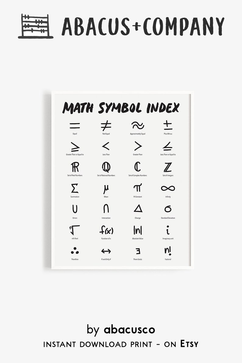 Math Symbol Index Poster for Classrooms & Teachers Instant Download, Secondary Math Classroom Decor, Mathematics Typography Print image 1