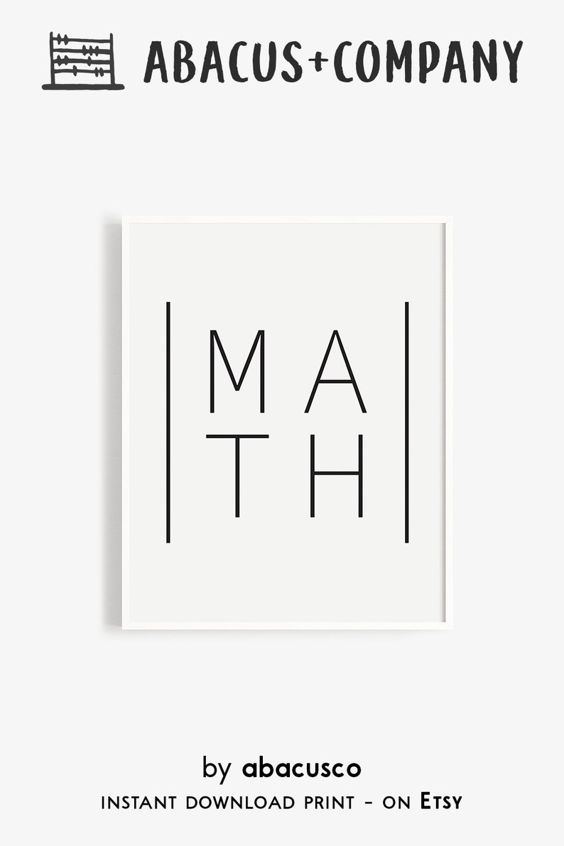 Op de afbeelding: Een zwart-witte printbare wanddecoratie met het woord "MATH" in een minimalistische stijl.