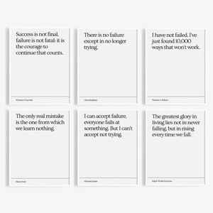 Puede incluir: Seis citas imprimibles sobre el éxito y el fracaso, cada una con un fondo blanco y texto negro. Las citas son de Winston Churchill, Chris Bradford, Thomas A. Edison, Henry Ford, Michael Jordan y Ralph Waldo Emerson. El texto en la parte inferior de la imagen dice "by abacusco INSTANT DOWNLOAD PRINT - ON ETSY".
