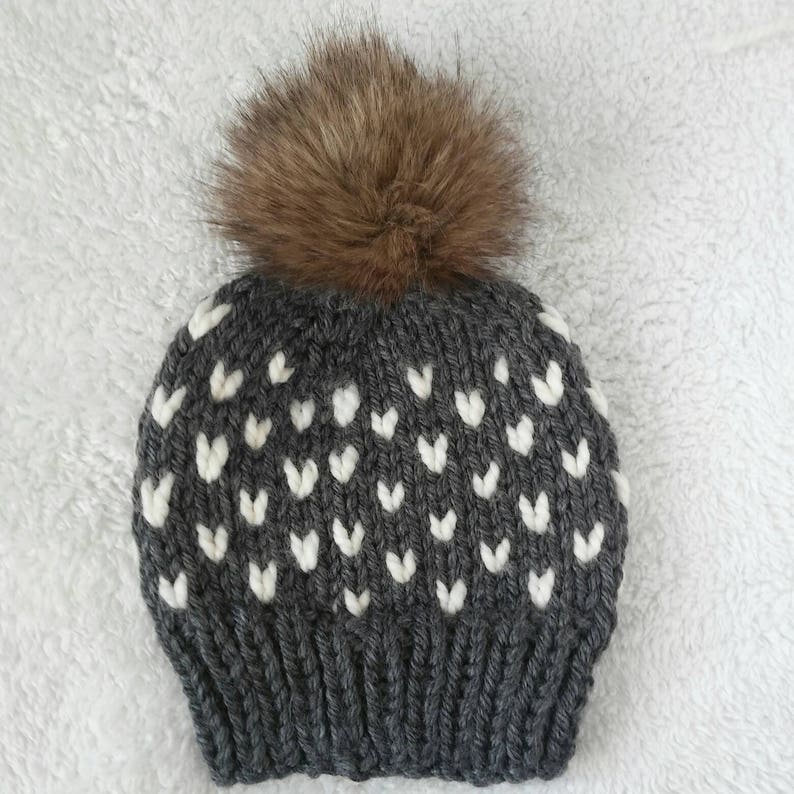 Custom tiny heart hat,fair isle beanie with faux fur pom,faux fur pom beanie slouch heart hat heart hat,custom winter beanie,women/'s hat