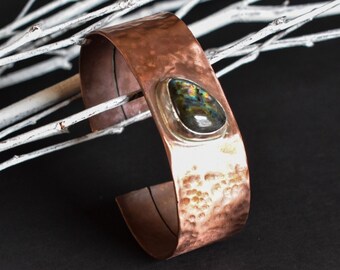 Hammered Copper, Silver, and Labradorite Copper Cuff.