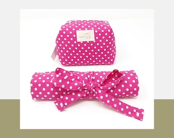 Pink Polka Dot Makeup Bag Set | Cosmetic Travel Pouch & Brush Roll