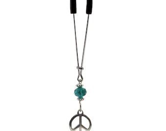 CLI709   Tweezer - Chrome  with Peace Sign Face Charm & Green Bead