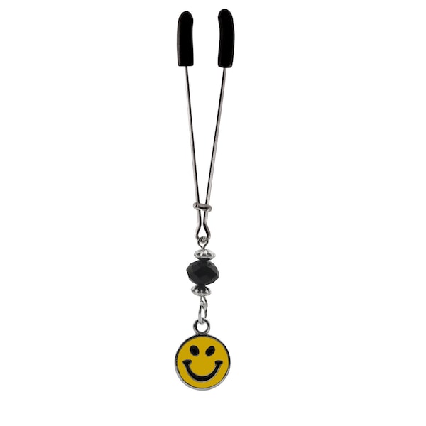 CLI701   Tweezer - Chrome  with Smilie Face Charm & Black Bead