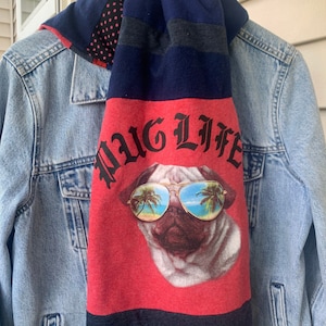 Pug in glasses scarf for you, navy flannel scarf, pug life repurposed tee, dog lover gift