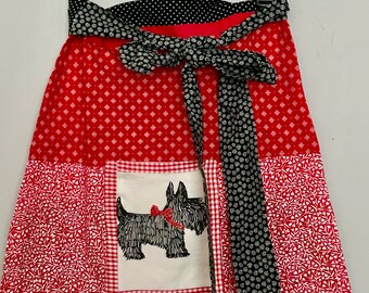 Half apron scottie pocket, dog lover gift, kitchen gift, red checkered