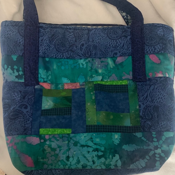 Turquoise tie-dye patchwork sewing bag, lined tote, book bag,