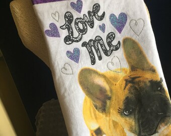 Frenchie flannel scarf for her, upcycled tee, tan white