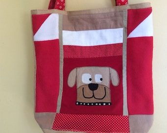Brown dog fabric lined tote, I love dogs gift, book bag, recycled tee with dog picture, pockets, tan red