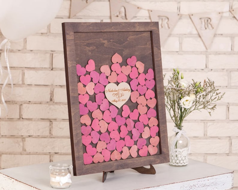 3d Wedding guestbook Alternative Drop box Wedding guest book Custom Drop Top Guest Book Wedding Wishes Box Guestbook Frame Wood Hearts PINK