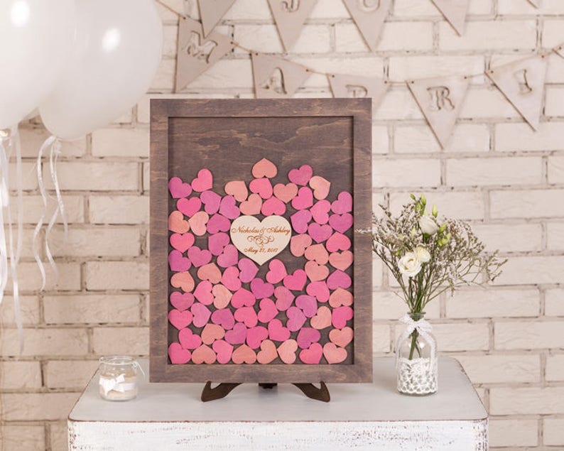 3d Wedding guestbook Alternative Drop box Wedding guest book Custom Drop Top Guest Book Wedding Wishes Box Guestbook Frame Wood Hearts PINK