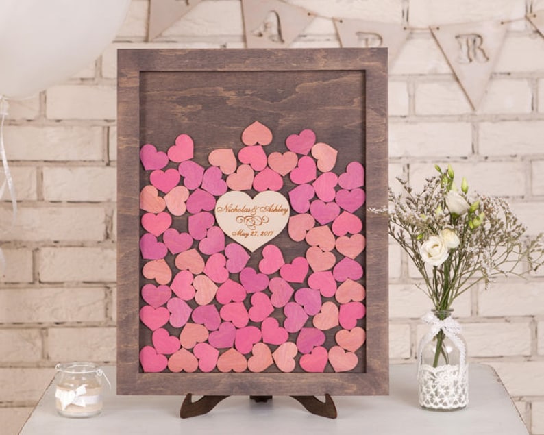 3d Wedding guestbook Alternative Drop box Wedding guest book Custom Drop Top Guest Book Wedding Wishes Box Guestbook Frame Wood Hearts PINK