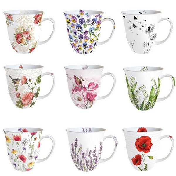 Mug, Tasse, Café, Thé Porcelaine Ambiente 10.5 cm 0.4 L Fleur, Oiseau, Papillon, Pensée, Rose 18