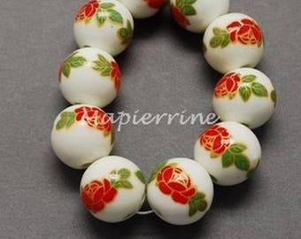 ORANGE 10 ceramic beads, round porcelain flower 1 cm