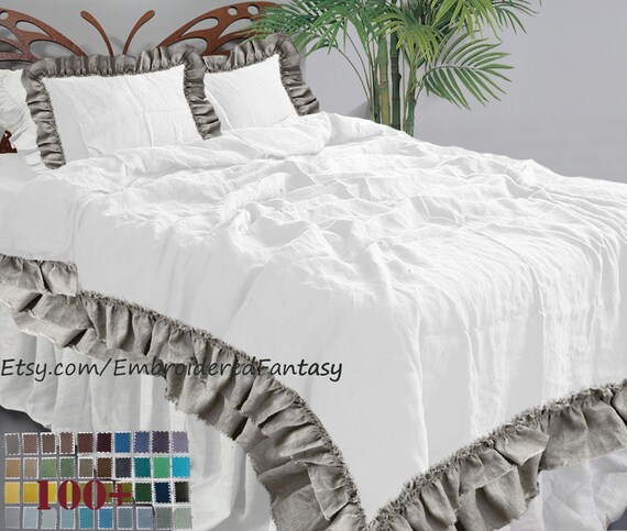 Rustic Style Linen Bedding Set With Double Ruffles Linens Etsy