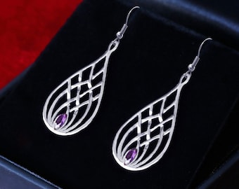 Brincos de nó celta em prata esterlina: granada, ametista, quartzo fumê