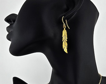 Brincos de Pena Dourada Real, Joias Artesanais, Pena Grossa e Resistente