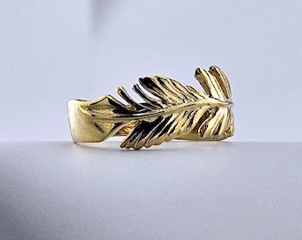 Anel de pena dourada real, joias feitas à mão, anel grosso e resistente