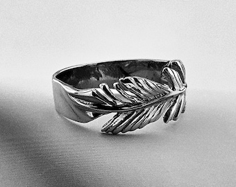 Anel de pena de prata real, joia feita à mão, anel grosso e resistente