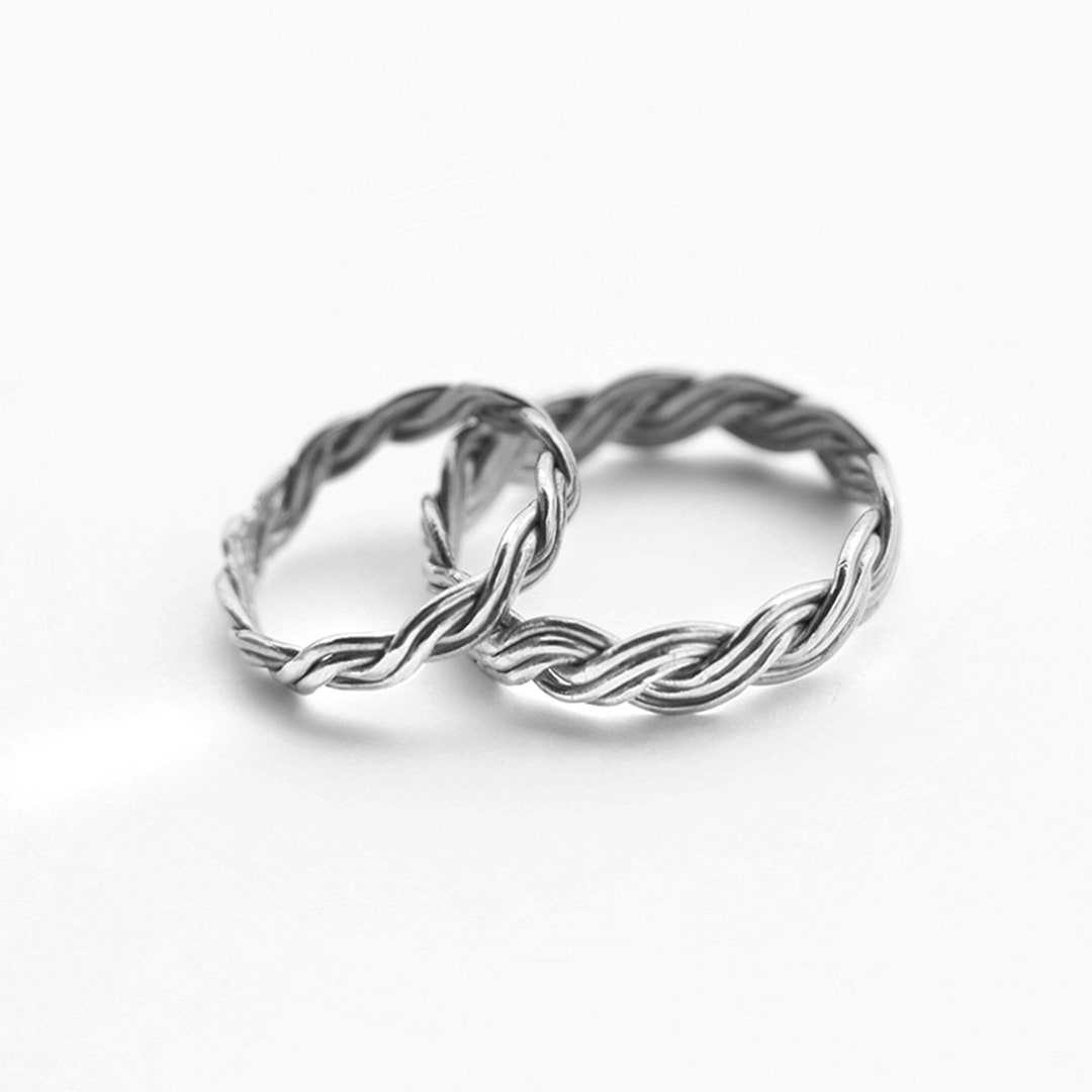 Silver Braided Ring, Matching Wedding Band Set, Dainty Jewelry, Anniversary Gift for Him, Silver
